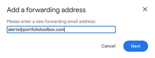 Gmail Add a forwarding address dialog box