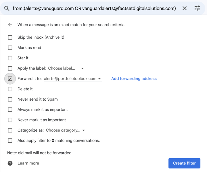 Gmail Create filter settings dialog box