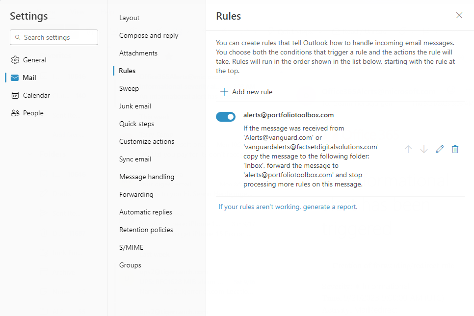 Office 365 Rules screenshot